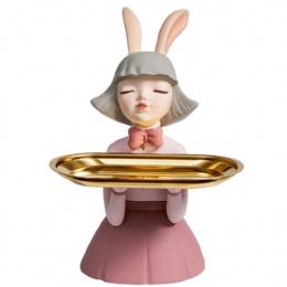 Rabbit Ears Girl Figurine Jewelry Ring Tray Organizer Decorative Statue Ornament Sculpture Home Table Decor
